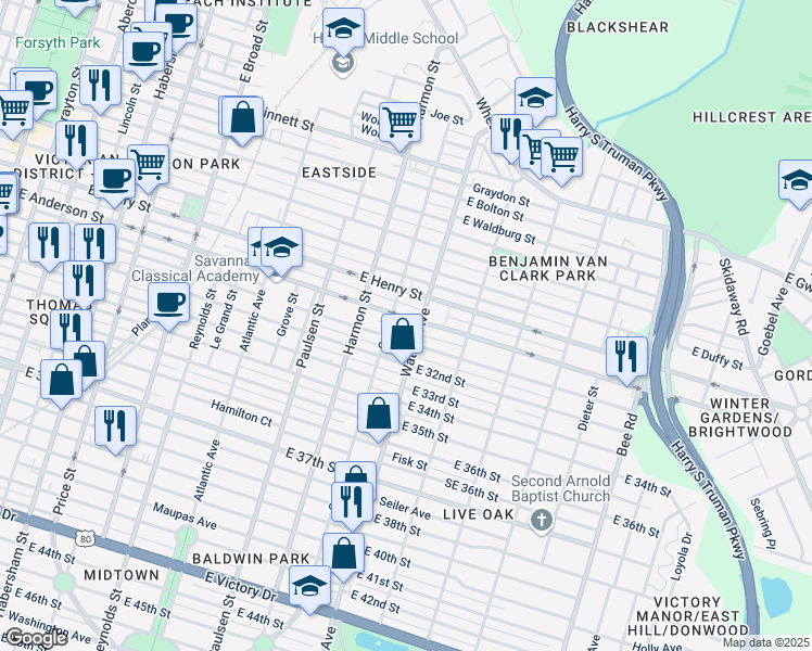 map of restaurants, bars, coffee shops, grocery stores, and more near 1011 East Anderson Street in Savannah