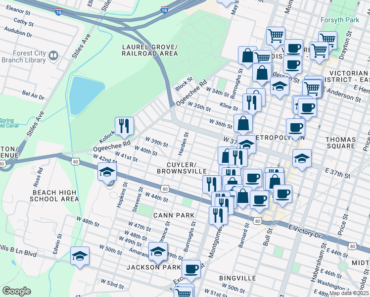 map of restaurants, bars, coffee shops, grocery stores, and more near 712 West 39th Street in Savannah
