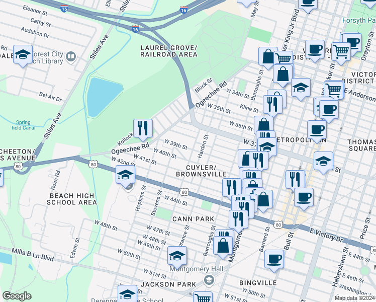 map of restaurants, bars, coffee shops, grocery stores, and more near 805 West 39th Street in Savannah