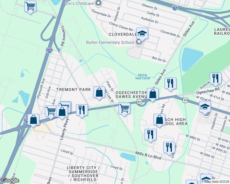 map of restaurants, bars, coffee shops, grocery stores, and more near 2912 Pate Street in Savannah