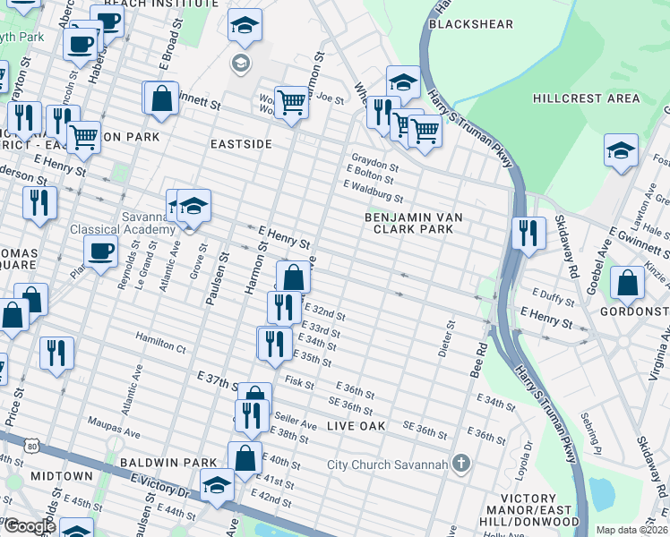 map of restaurants, bars, coffee shops, grocery stores, and more near 1108 East Anderson Street in Savannah