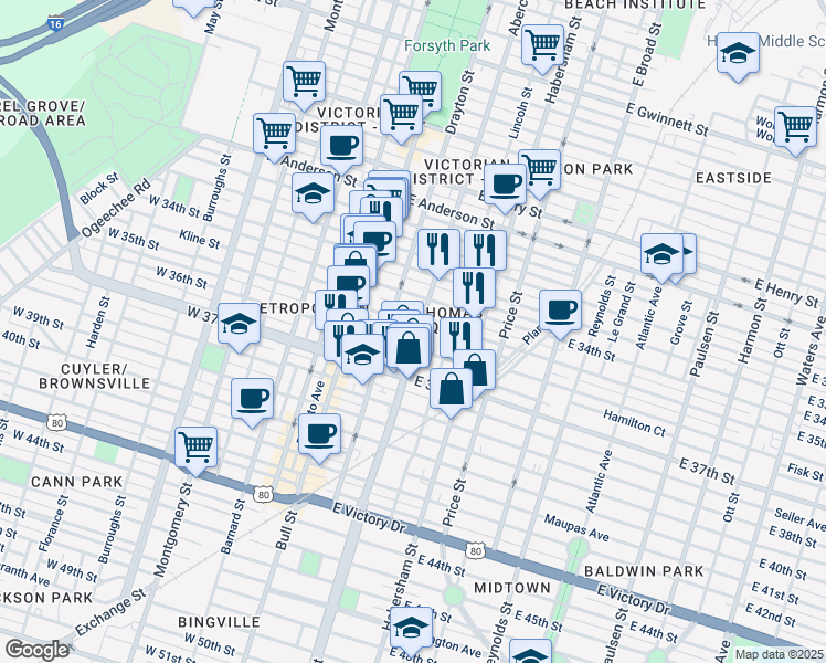 map of restaurants, bars, coffee shops, grocery stores, and more near 1903 Abercorn Street in Savannah