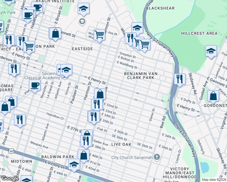 map of restaurants, bars, coffee shops, grocery stores, and more near 1108 East Anderson Street in Savannah
