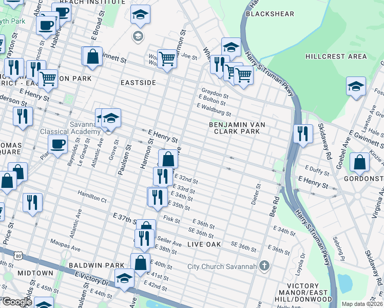 map of restaurants, bars, coffee shops, grocery stores, and more near 1108 East Anderson Street in Savannah