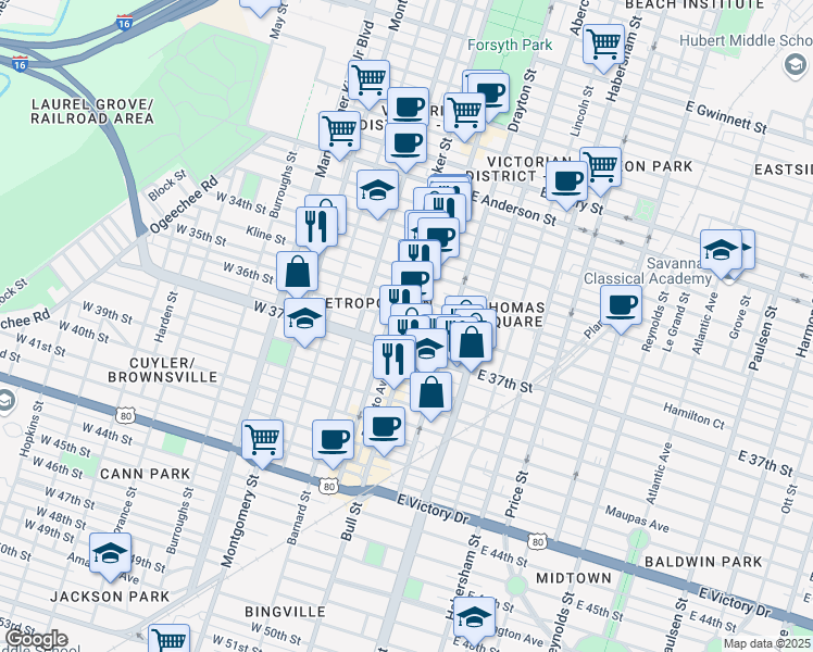 map of restaurants, bars, coffee shops, grocery stores, and more near 2003 Bull Street in Savannah