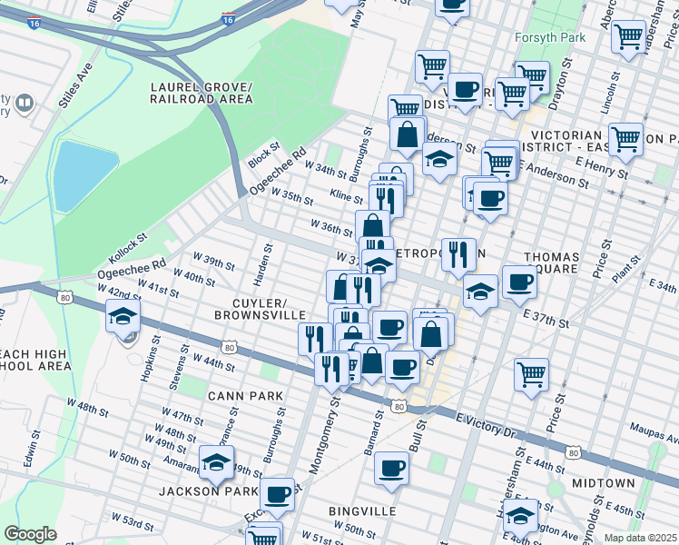 map of restaurants, bars, coffee shops, grocery stores, and more near 516 West 38th Street in Savannah