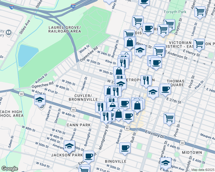 map of restaurants, bars, coffee shops, grocery stores, and more near 514 West 38th Street in Savannah
