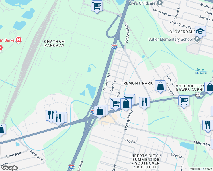 map of restaurants, bars, coffee shops, grocery stores, and more near 2118 Packard Avenue in Savannah