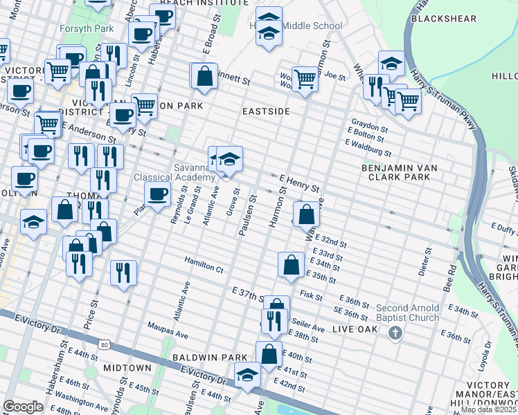 map of restaurants, bars, coffee shops, grocery stores, and more near 807 East 31st Street in Savannah