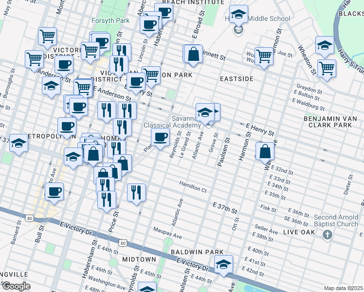map of restaurants, bars, coffee shops, grocery stores, and more near 1619 Le Grand Street in Savannah