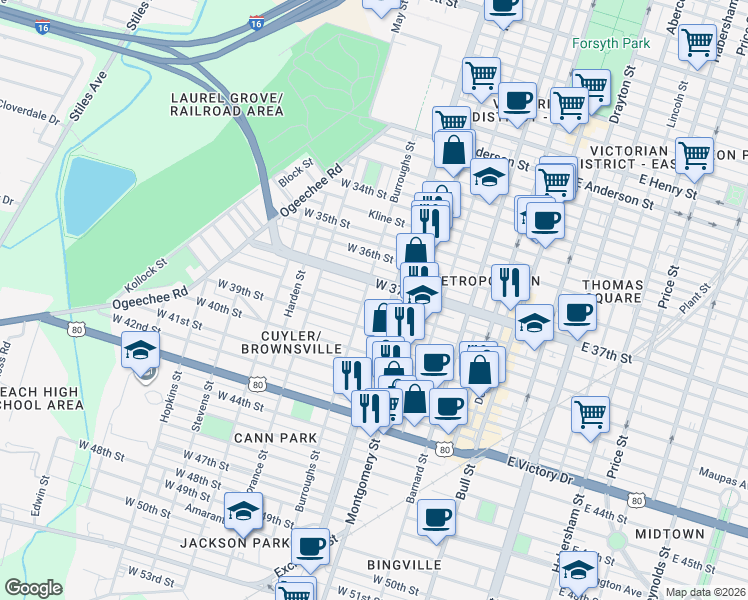 map of restaurants, bars, coffee shops, grocery stores, and more near 516 West 38th Street in Savannah