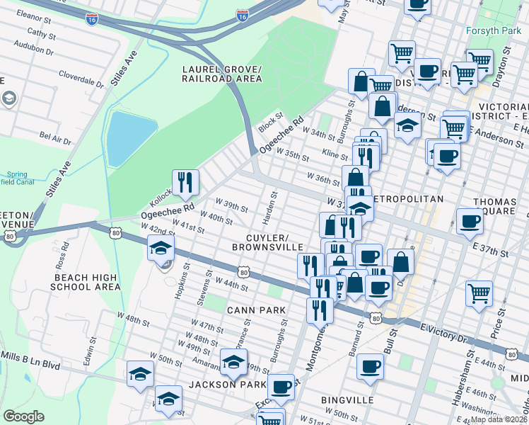 map of restaurants, bars, coffee shops, grocery stores, and more near 712 West 39th Street in Savannah