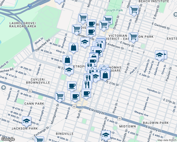 map of restaurants, bars, coffee shops, grocery stores, and more near 21 West 36th Street in Savannah