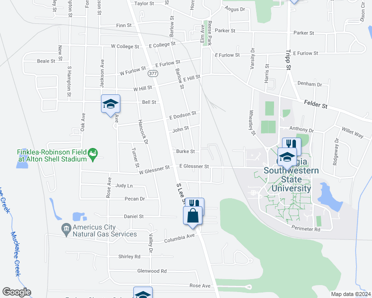 map of restaurants, bars, coffee shops, grocery stores, and more near 202 Burke Street in Americus