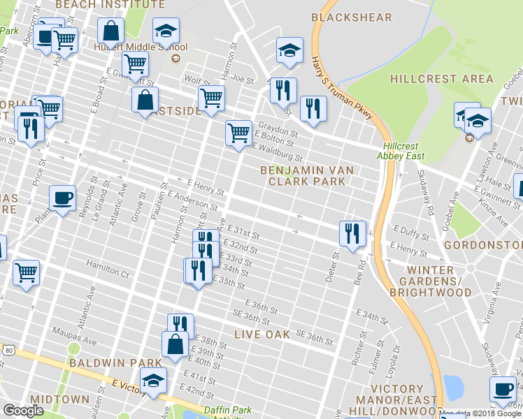 map of restaurants, bars, coffee shops, grocery stores, and more near 1205 East Henry Street in Savannah