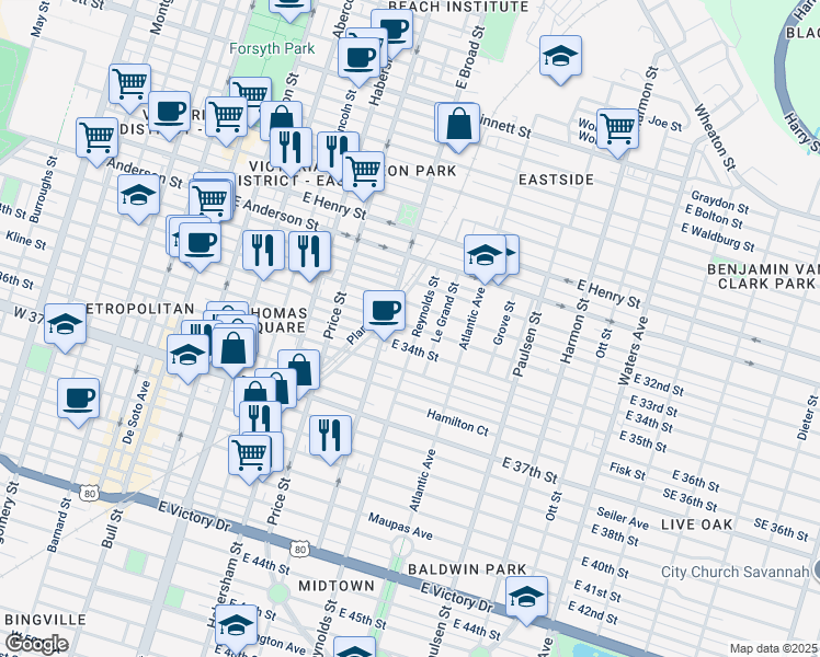map of restaurants, bars, coffee shops, grocery stores, and more near 610 East 34th Street in Savannah