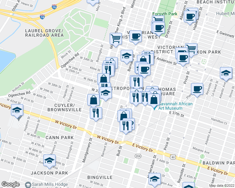 map of restaurants, bars, coffee shops, grocery stores, and more near 2012 Barnard Street in Savannah
