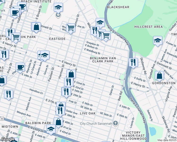 map of restaurants, bars, coffee shops, grocery stores, and more near 1205 East Henry Street in Savannah