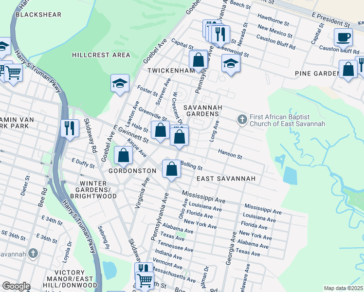 map of restaurants, bars, coffee shops, grocery stores, and more near 634 Pennsylvania Avenue in Savannah