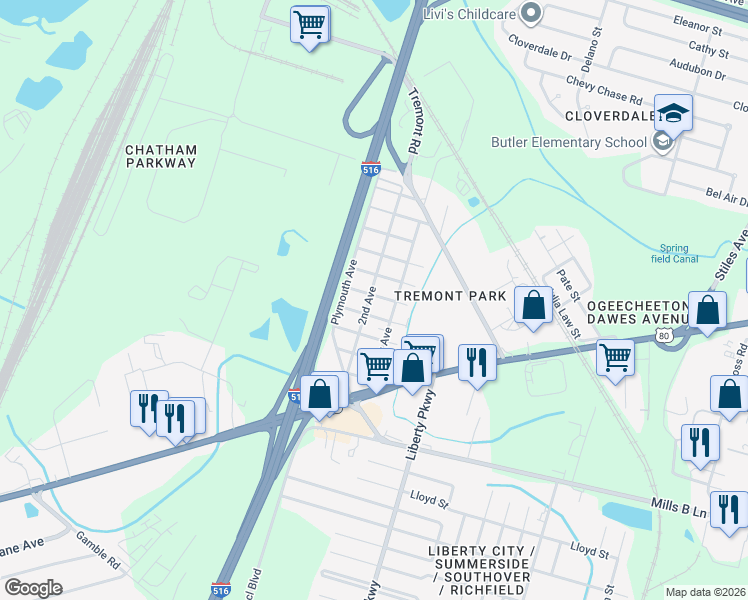 map of restaurants, bars, coffee shops, grocery stores, and more near 3030 2nd Avenue in Savannah