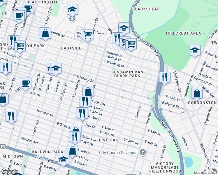 map of restaurants, bars, coffee shops, grocery stores, and more near 1205 East Henry Street in Savannah