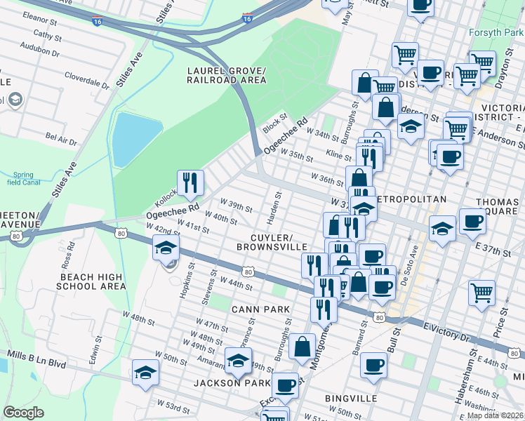 map of restaurants, bars, coffee shops, grocery stores, and more near 805 West 39th Street in Savannah
