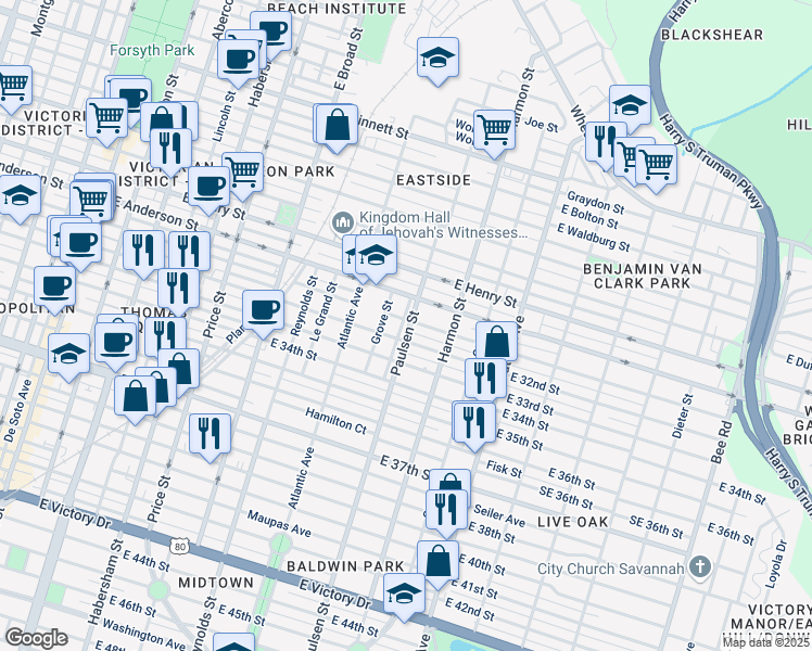 map of restaurants, bars, coffee shops, grocery stores, and more near 807 East 31st Street in Savannah