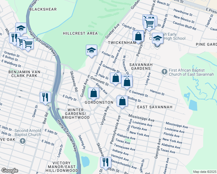 map of restaurants, bars, coffee shops, grocery stores, and more near 1829 East Gwinnett Street in Savannah