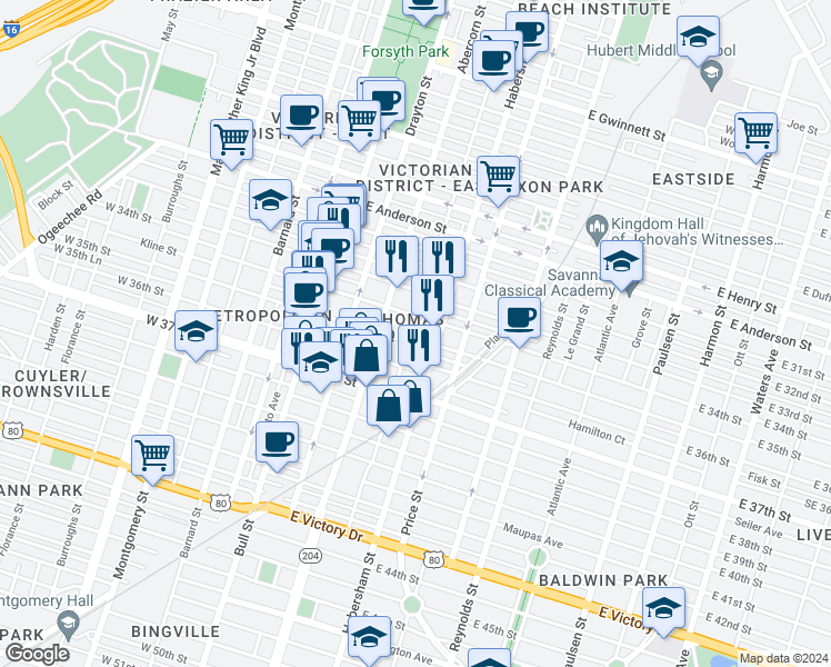 map of restaurants, bars, coffee shops, grocery stores, and more near 302 East 35th Street in Savannah
