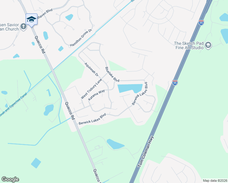 map of restaurants, bars, coffee shops, grocery stores, and more near 23 Aquinnah Drive in Pooler