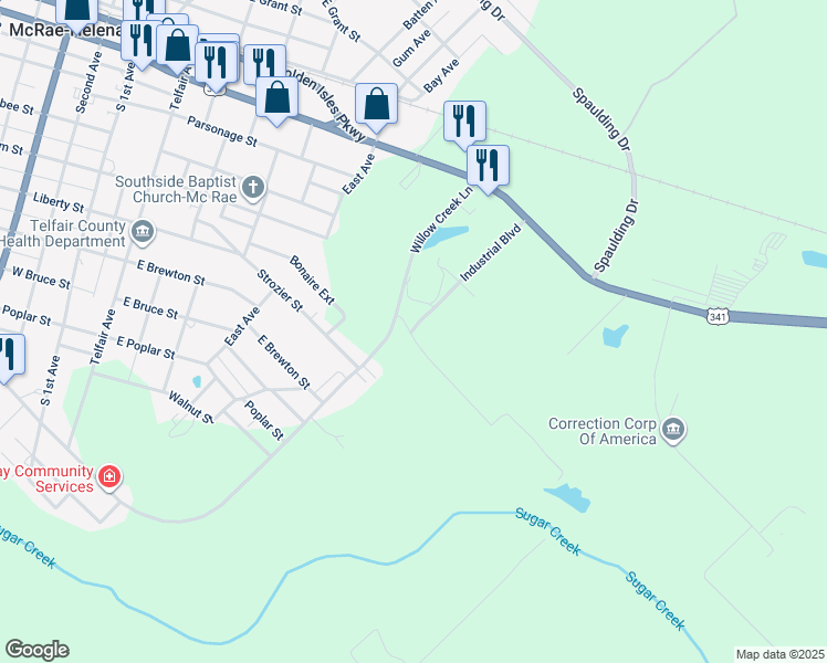 map of restaurants, bars, coffee shops, grocery stores, and more near Industrial Park Road in McRae-Helena