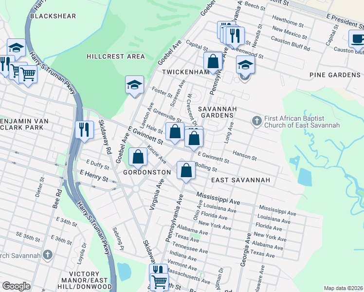 map of restaurants, bars, coffee shops, grocery stores, and more near 1905 East Gwinnett Street in Savannah