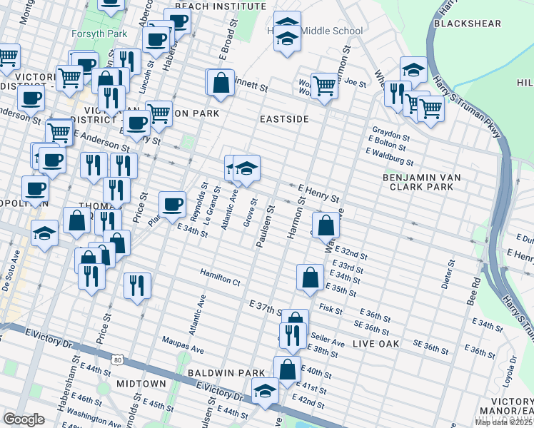map of restaurants, bars, coffee shops, grocery stores, and more near 807 East 31st Street in Savannah