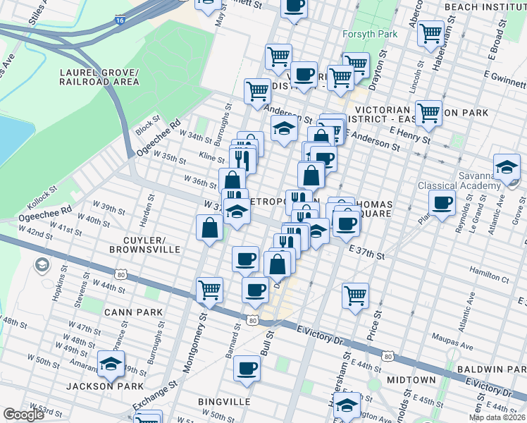 map of restaurants, bars, coffee shops, grocery stores, and more near 2012 Barnard Street in Savannah