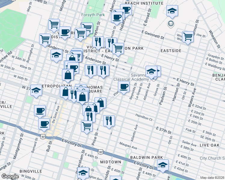 map of restaurants, bars, coffee shops, grocery stores, and more near in Savannah
