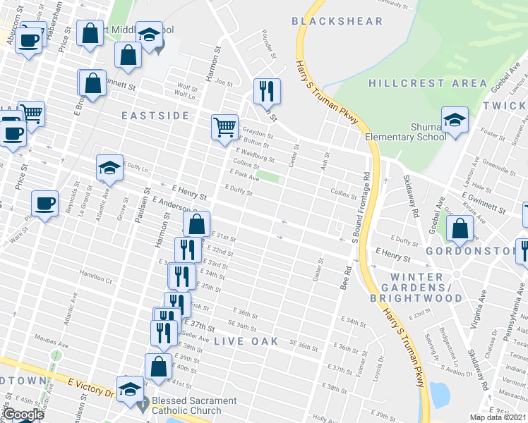 map of restaurants, bars, coffee shops, grocery stores, and more near 1235 East Henry Street in Savannah