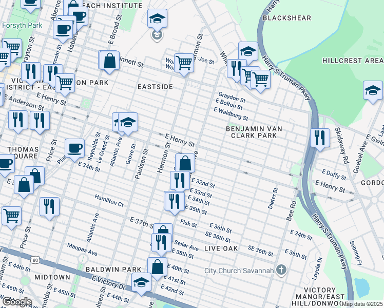 map of restaurants, bars, coffee shops, grocery stores, and more near 1011 East Anderson Street in Savannah