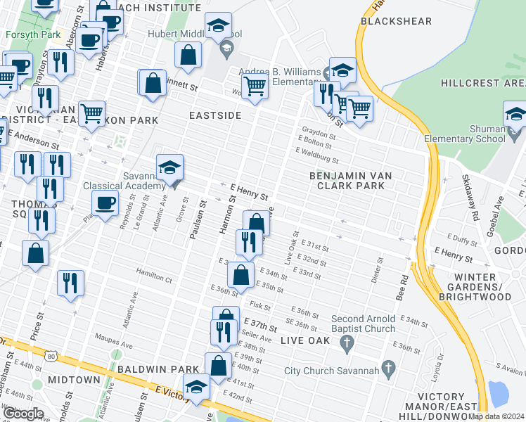 map of restaurants, bars, coffee shops, grocery stores, and more near 1011 East Anderson Street in Savannah