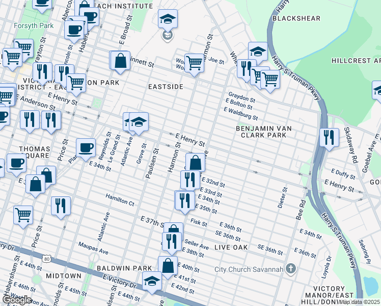 map of restaurants, bars, coffee shops, grocery stores, and more near 1401 Ott Street in Savannah
