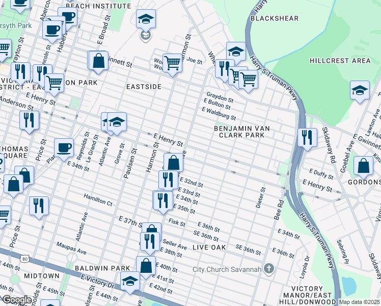 map of restaurants, bars, coffee shops, grocery stores, and more near 1108 East Anderson Street in Savannah
