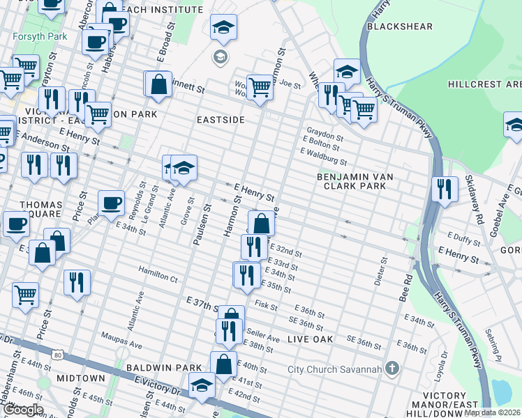 map of restaurants, bars, coffee shops, grocery stores, and more near 1011 East Anderson Street in Savannah