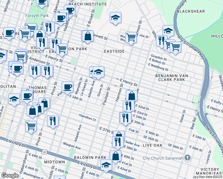 map of restaurants, bars, coffee shops, grocery stores, and more near 807 East 31st Street in Savannah