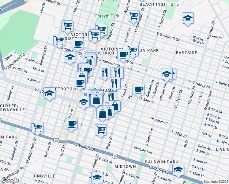 map of restaurants, bars, coffee shops, grocery stores, and more near 410 East 35th Street in Savannah