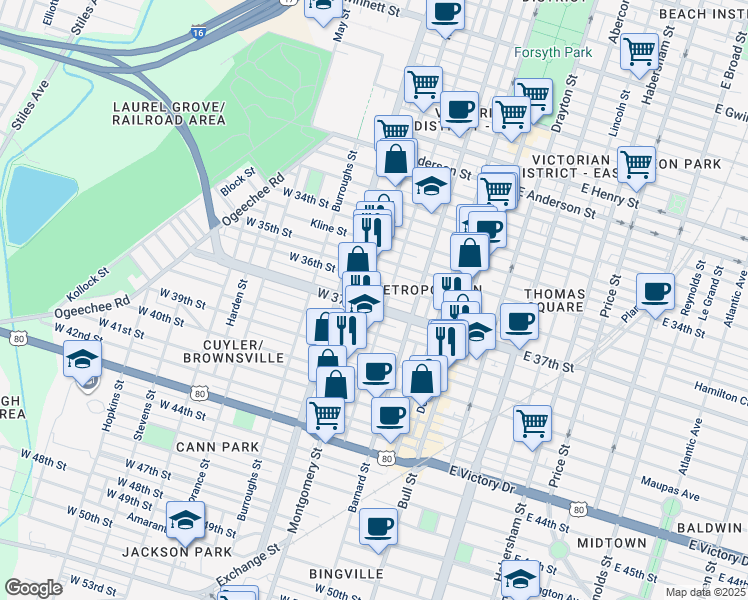 map of restaurants, bars, coffee shops, grocery stores, and more near 303 Georgia 204 in Savannah