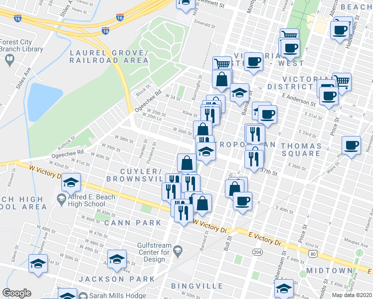 map of restaurants, bars, coffee shops, grocery stores, and more near 516 West 38th Street in Savannah