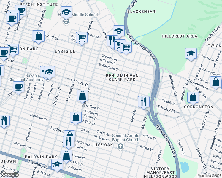 map of restaurants, bars, coffee shops, grocery stores, and more near 1235 East Henry Street in Savannah
