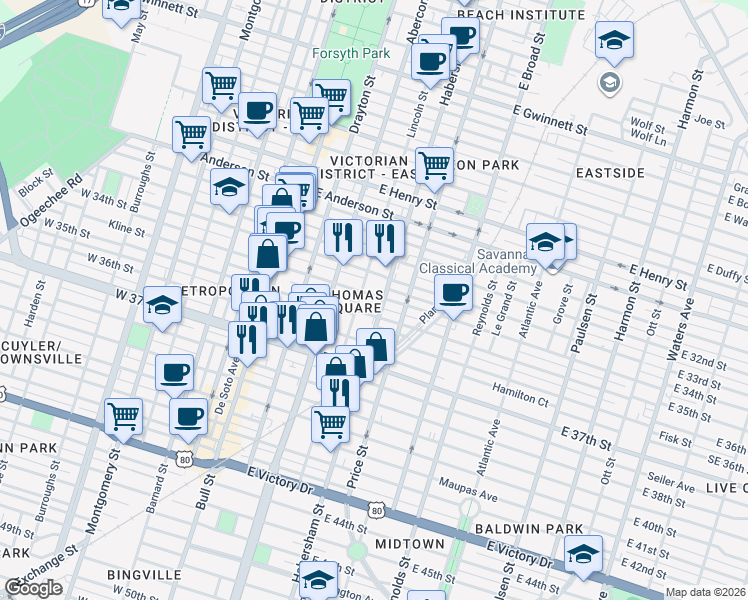 map of restaurants, bars, coffee shops, grocery stores, and more near in Savannah