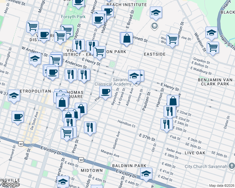 map of restaurants, bars, coffee shops, grocery stores, and more near 1619 Le Grand Street in Savannah