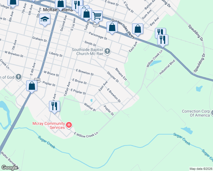 map of restaurants, bars, coffee shops, grocery stores, and more near 95 East Brewton Street in McRae-Helena