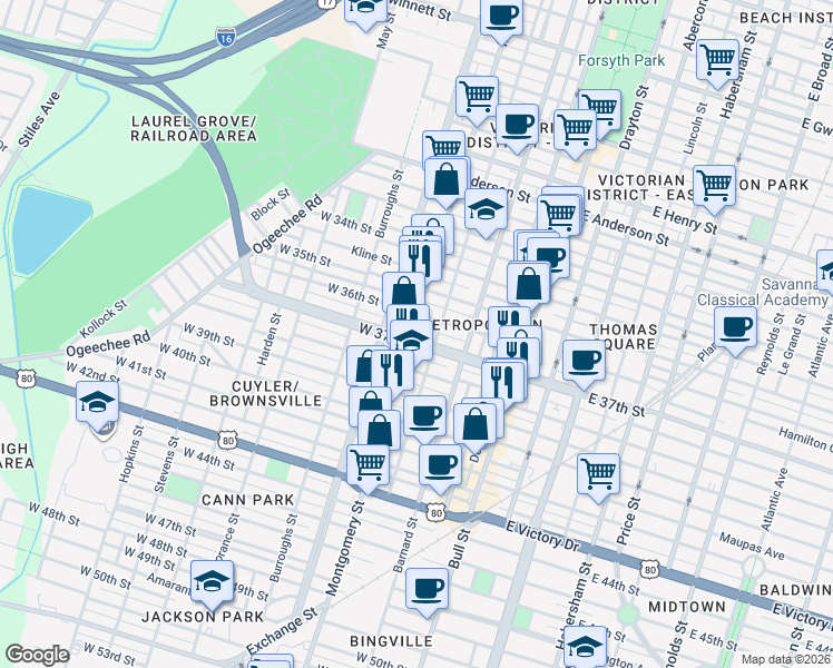 map of restaurants, bars, coffee shops, grocery stores, and more near 350 West 37th Street in Savannah